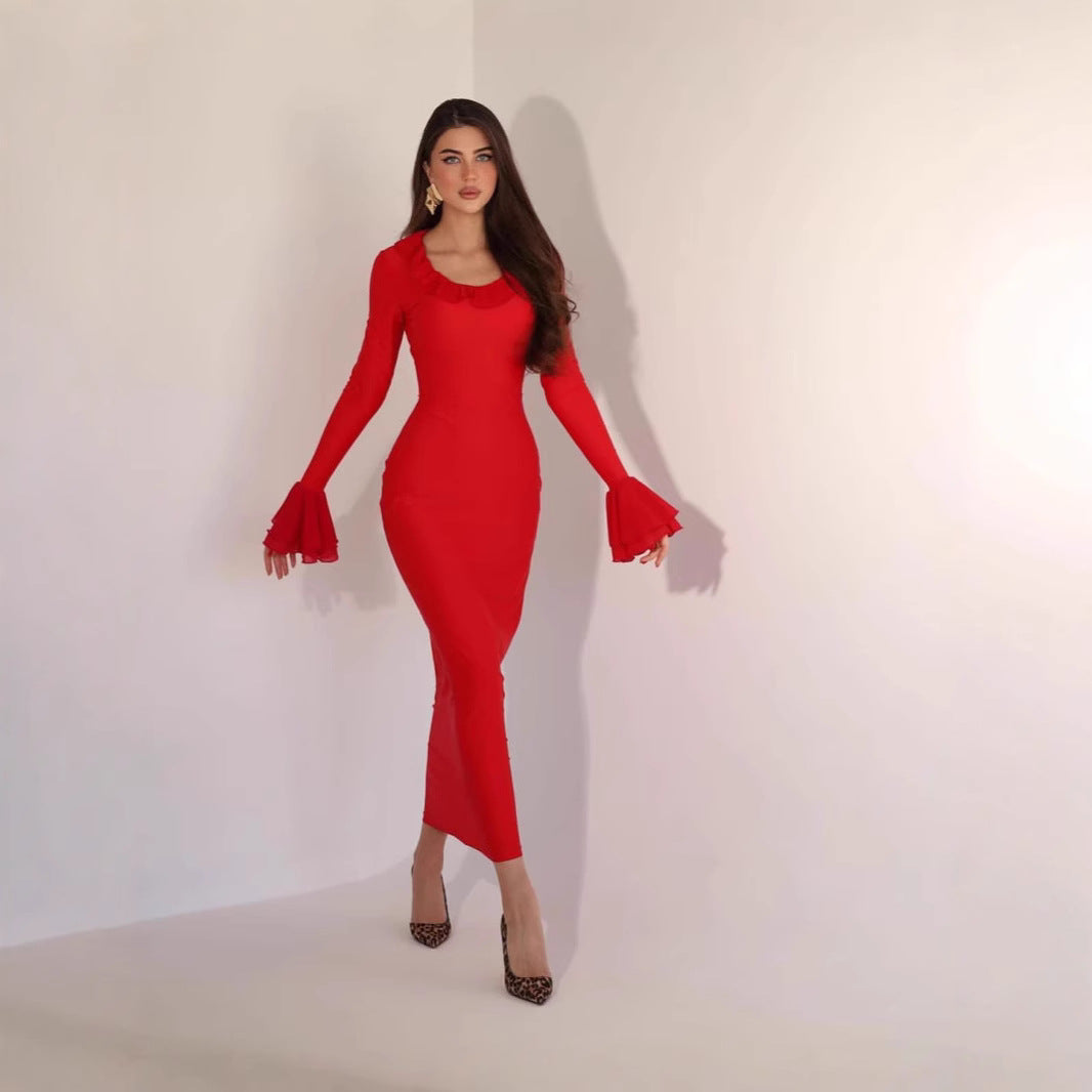 Kvinnors Bodycon Kjol Rüschenkrage Högkvalitativt Tyg-2