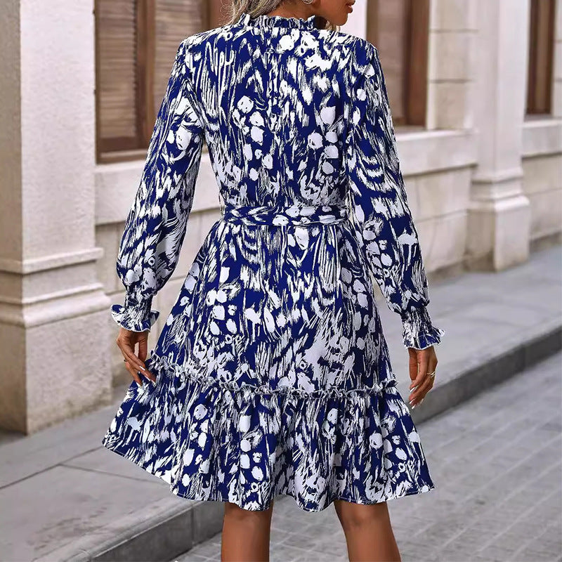 Dam A-linjeklänning Rynkade Detaljer Lång Ärmar Mjukt Tyg-4