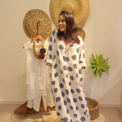 Dam Klänning Lång V-Hals A-Line Polyester Prickmönster-3