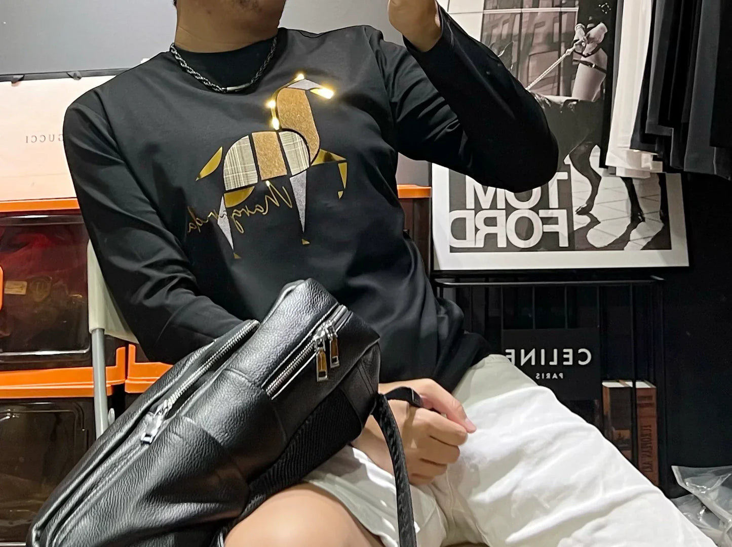 Herr Långärmad T-Shirt Rundhalsad 100% Bomull med Djurmotiv-1