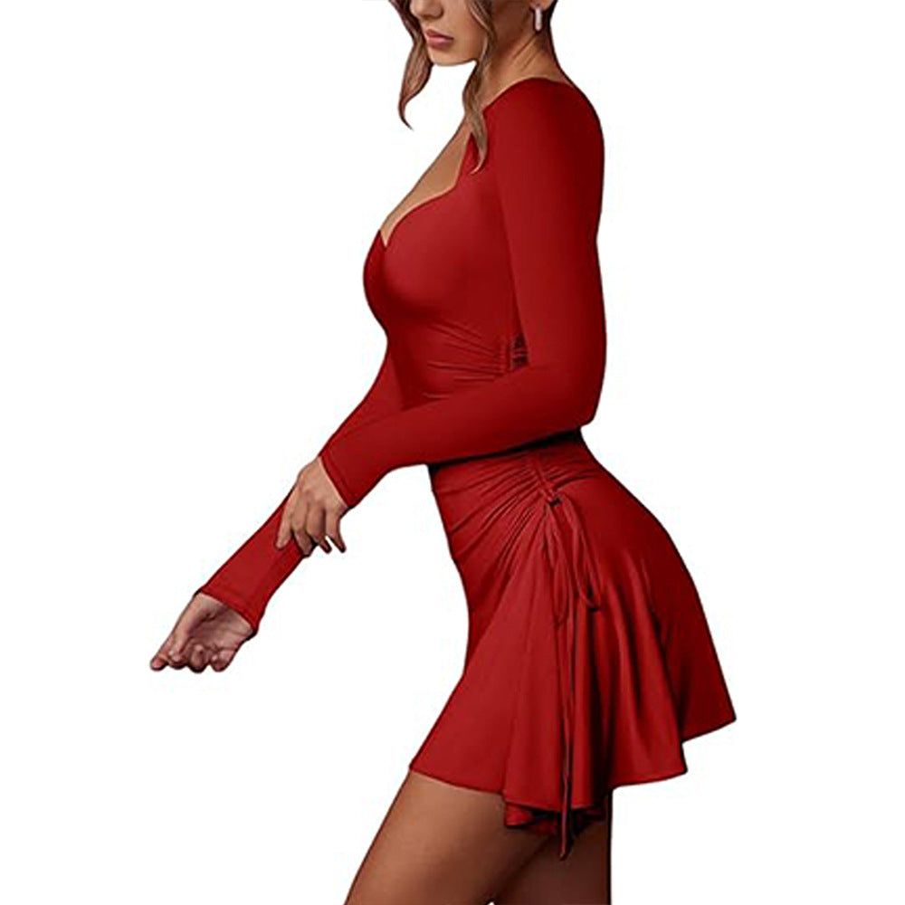 Långärmad Kvinnoklänning med Djup V-ringning och Samling – Elastisk Passform för Kvällsevenemang 5