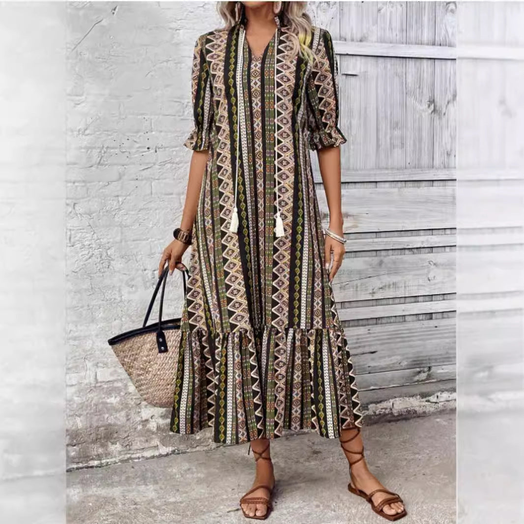 Fina Damklänningar A-Linje V-Ringning med Petalärmar i Polyester-5