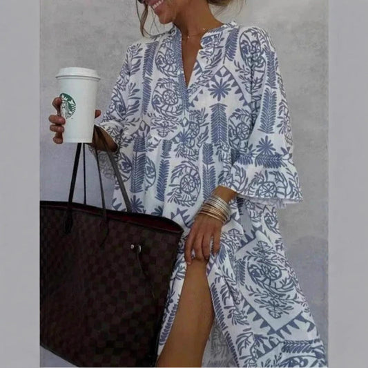 Kvinnors Bohemisk Klänning A-linjeformad 100% Polyester Trefikarter Ärmar-4