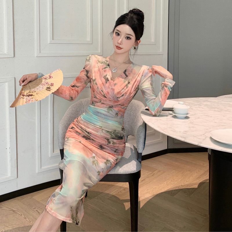 Kvinnors Midi Klänning V-Halsad Rynkade Polyester Elastan-4