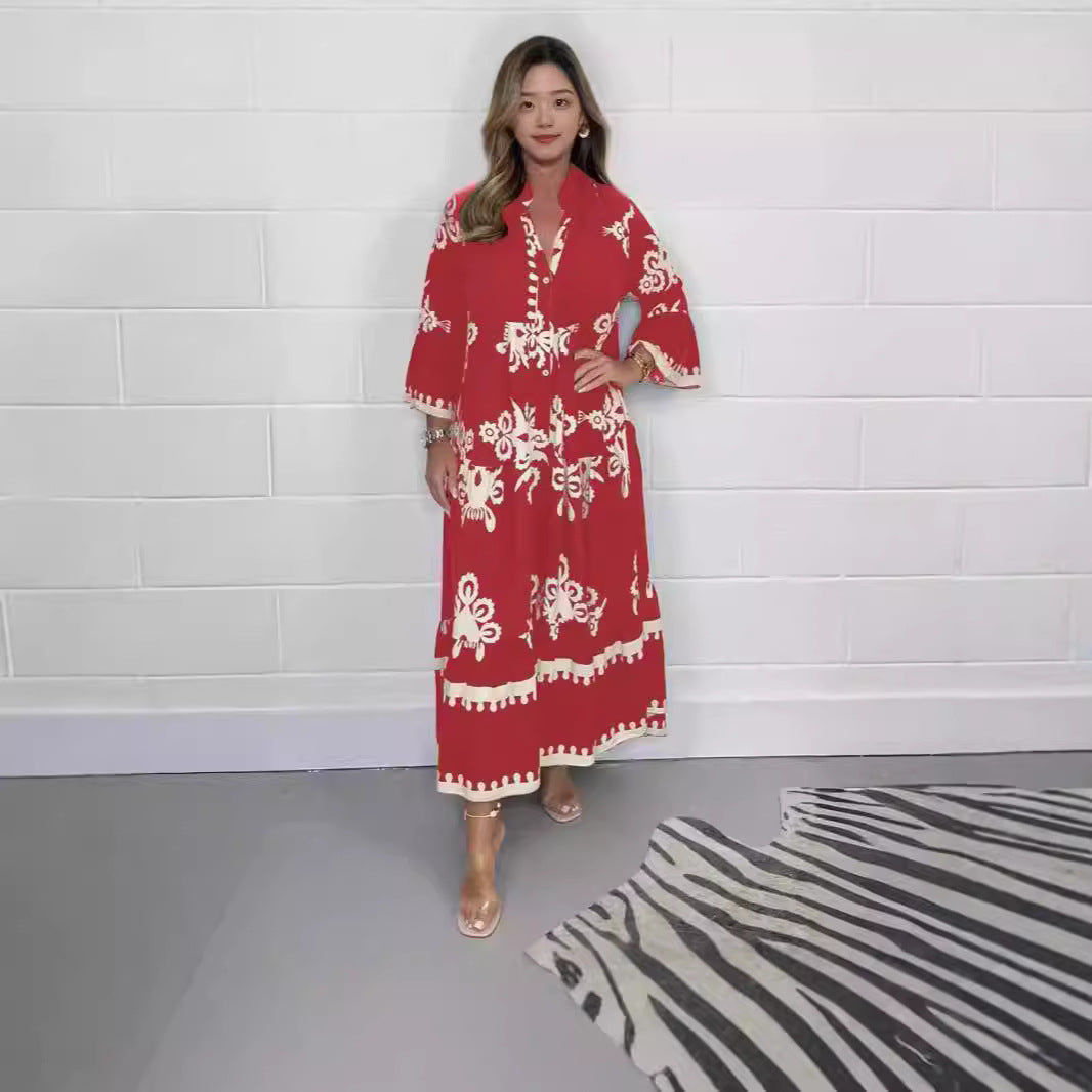 Damklänning Med Tryckt Stativ-Up Krage Polyester Elegant Stil-3