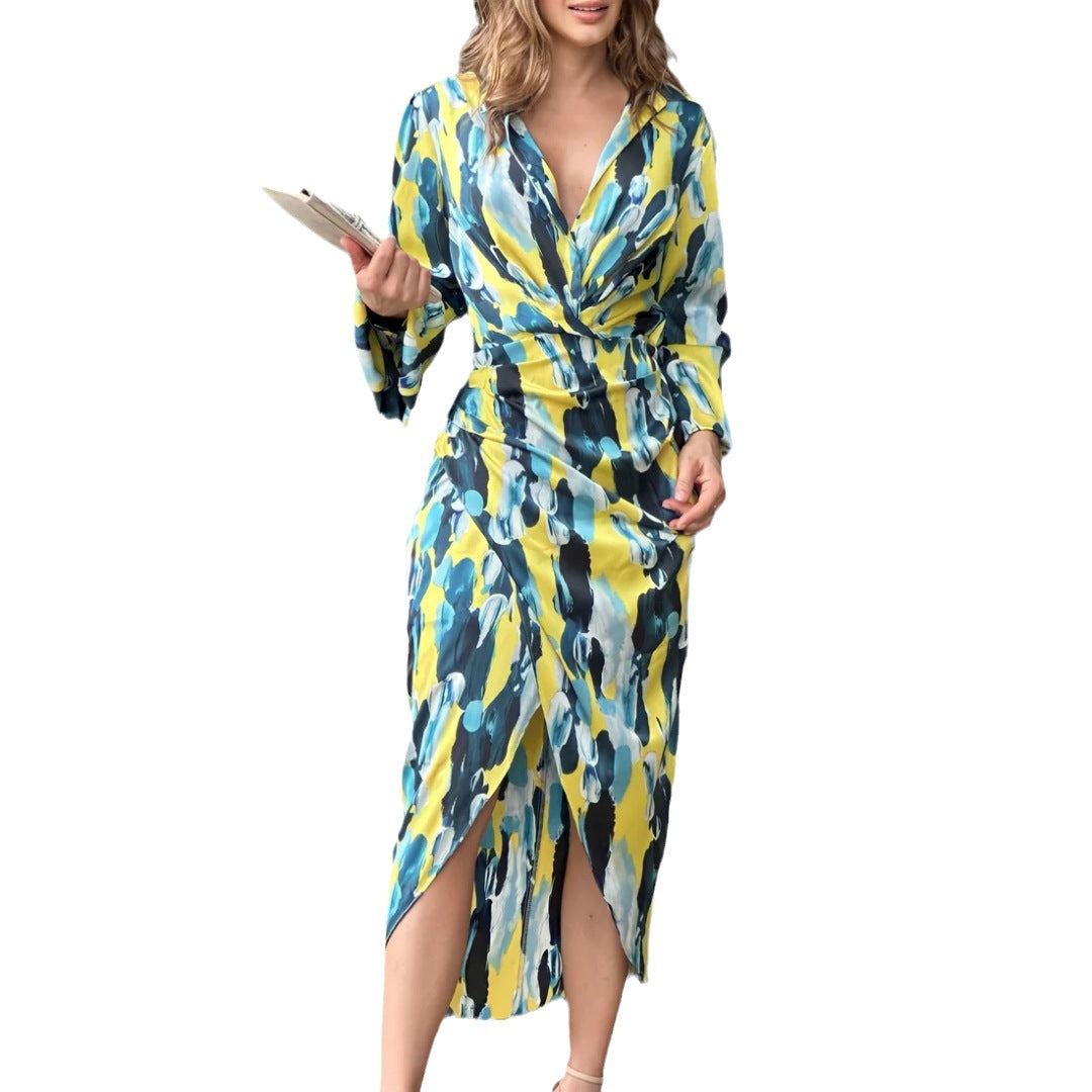 Kvinna Midi Klänning Asymmetrisk Långärmad Hög Midja Tyblandning-3