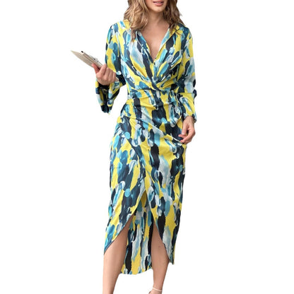 Kvinna Midi Klänning Asymmetrisk Långärmad Hög Midja Tyblandning-3