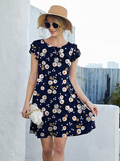Kortärmad Klänning för Kvinna med Blommönster – Lätt Tyg, Rund Halsringning, Ruffles på Ärmarna, Normal Passform 7