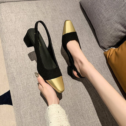 Kvinnors Slingback Skor Blockklack Strukturerat Tyg med Guld Accent 5