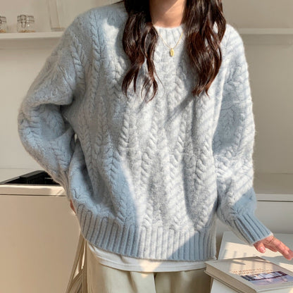 Dam Stickad Tröja Löst Vridmönster Mjuk Material 10