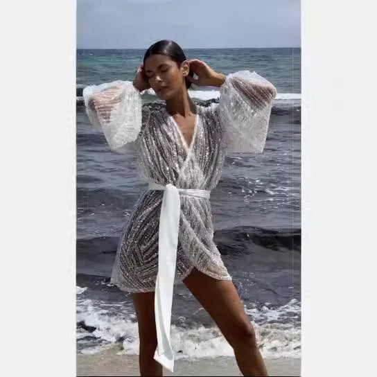 Damklänning Asymmetrisk Långärmad Spandex med Glittrande Detaljer-4