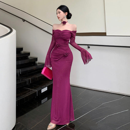 Kvinnors Off-Shoulder Klänning Veckad Polyester-1