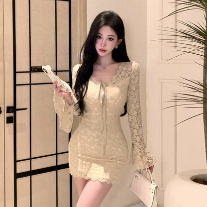 Dam Miniklänning Slim Fit V-ringning Långärmad Högkvalitativ Blandning av Tyger-1