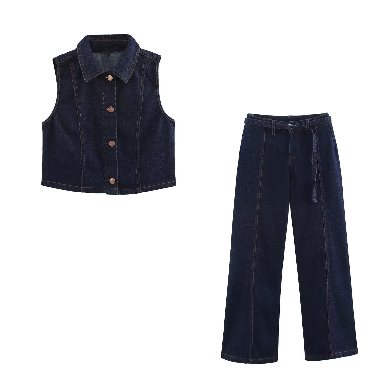 Dam Kort Byxdräkt Hög Midja Denim-2