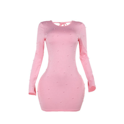 Kvinnors Glittrig Miniklänning med Pärldetaljer Figur-Huggande Silhuett i Elastiskt Tyg-6