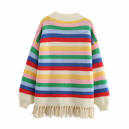 Stickad Tröja Dam Randig Med Fransar i Mjuk Akryl 2