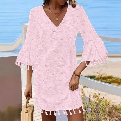 A-Linje Klänning för Kvinna med V-hals och Korta Klockärmar – Midi Jacquard Klänning 4