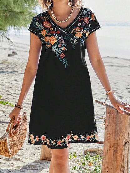 Kvinnor V-ringad Klänning Korta Ärmar Polyester Löst Midja-1