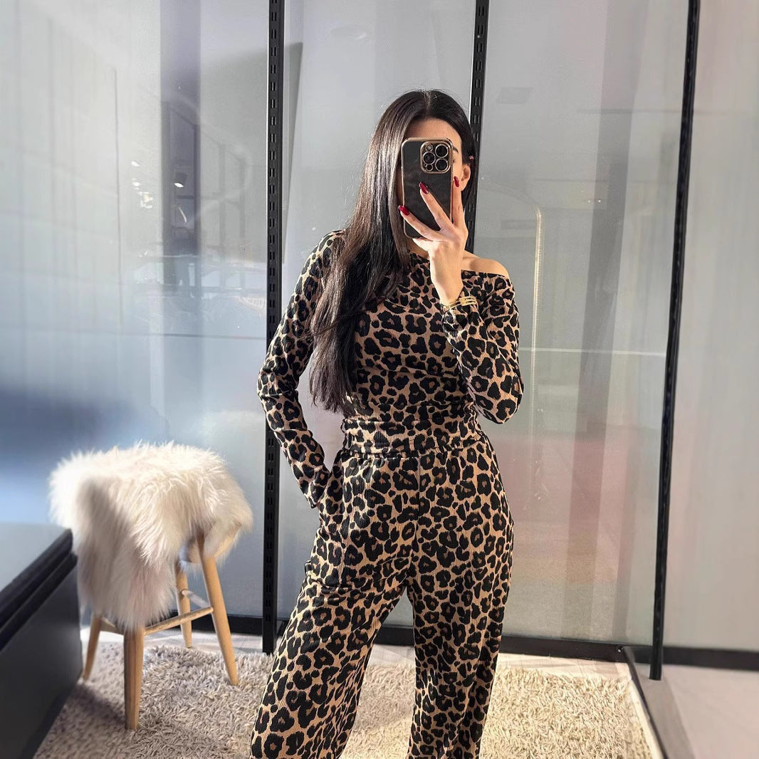 Matchande Set Dam Långärmad T-shirt och Byxor Spandex Leopardmönster-5