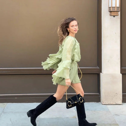 Kvinnors Trädgårdsklänning Ruffles Transparenta Ärmar Andningsbara Tyger 4