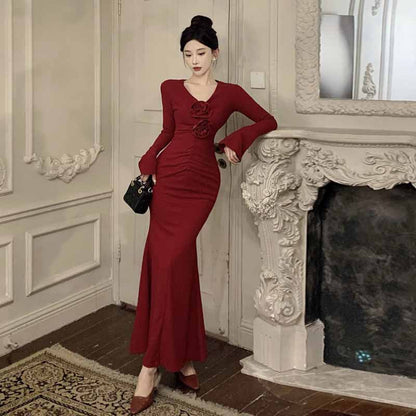 Kvinna Sjöjungfruklänning V-hals Utställda Ärmar Högkvalitativt Tyg-3