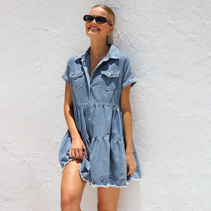 Dam Klänning A-linjeformad Denim Mini med Skjortkrage-3