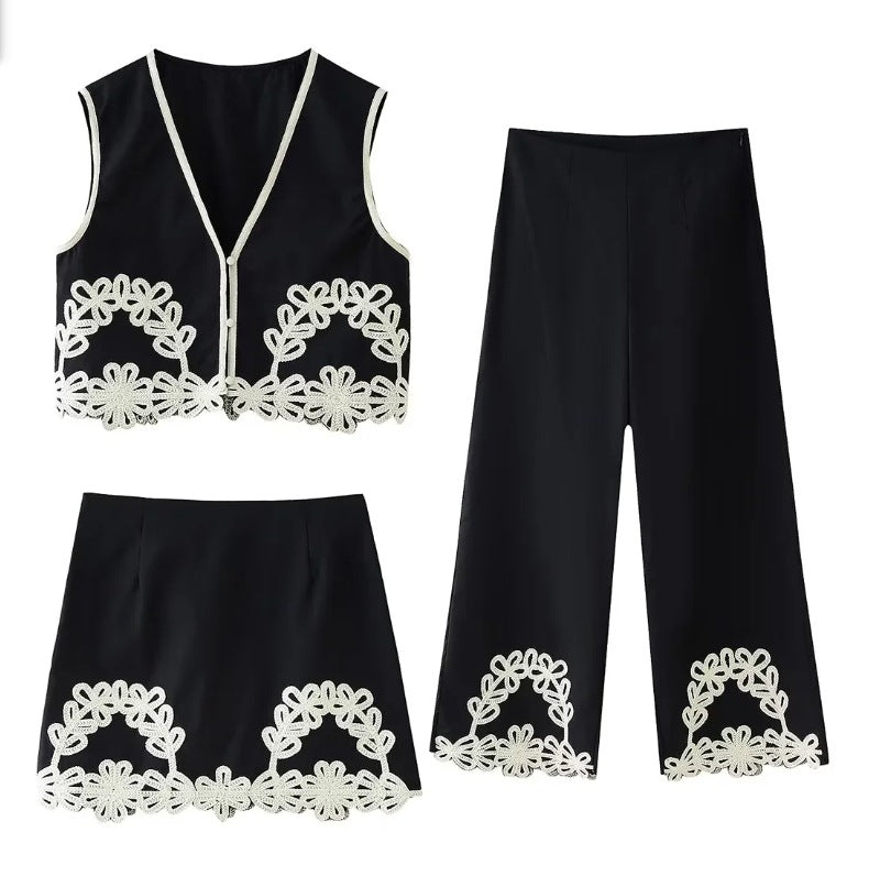 Kvinnor Palazzo-byxor Blommiga Detaljer Luftigt Tyg-6