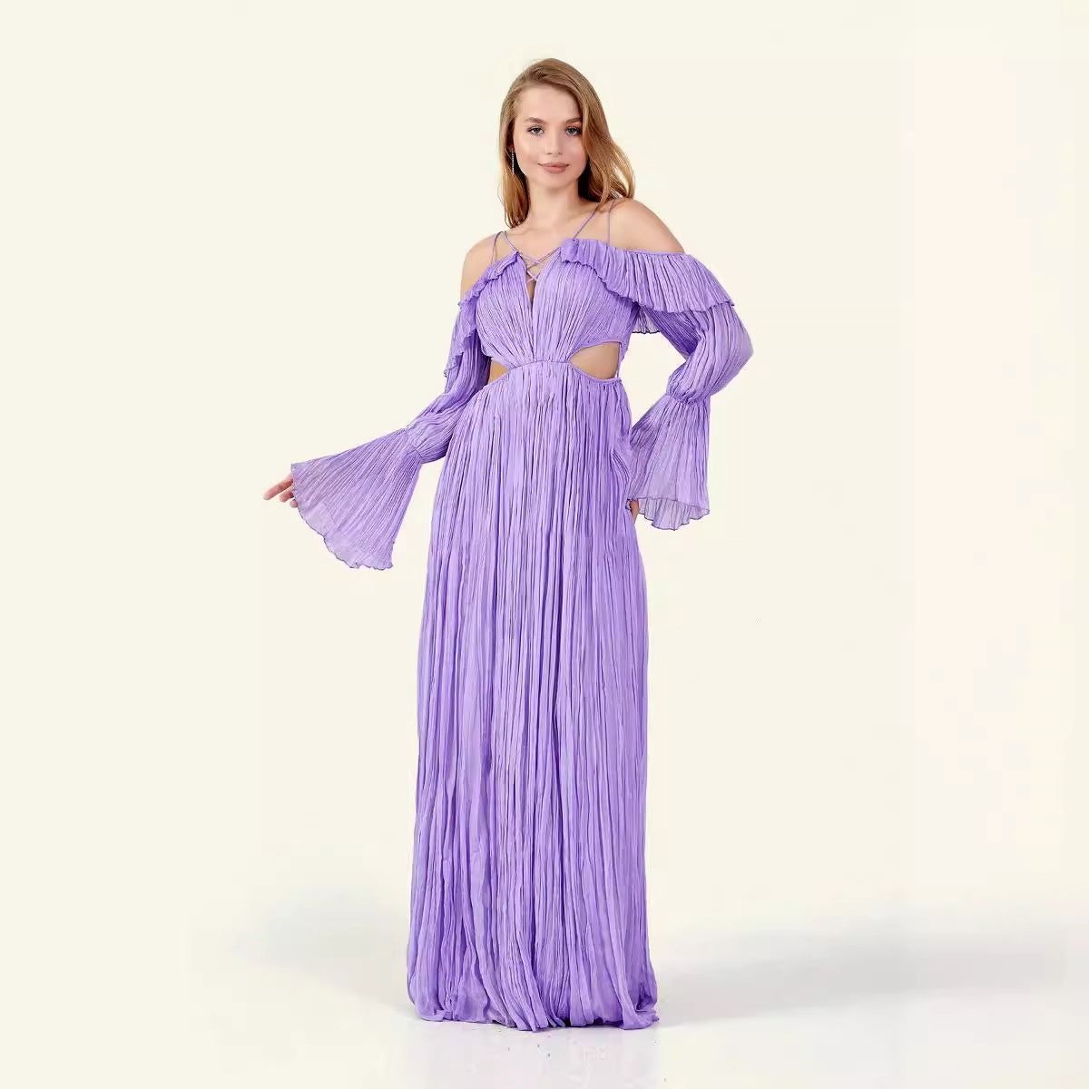 Kvinna Flared Klänning Öppen Rygg Polyester Långärmad-4