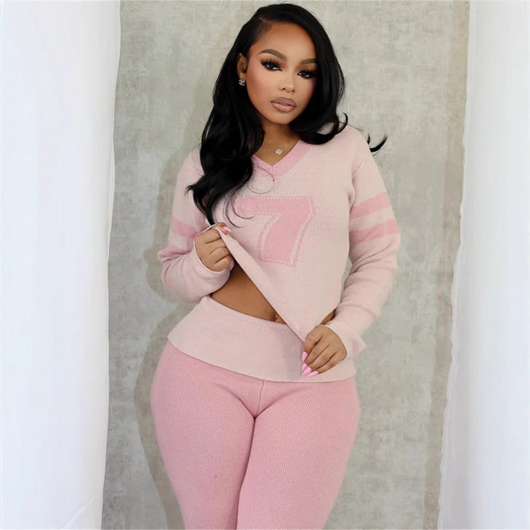 Kvinnors Långärmad Topp och Byxor Set Stickad Spandex Regular Fit-2