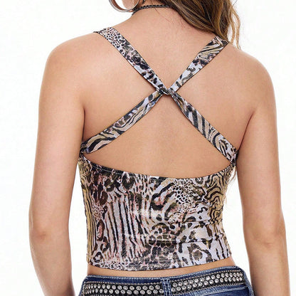 Brun Festtopp Dam med Spaghetti Strap och Djurtryck – Trendig och Bekväm Topp för Fest och Vardag 4