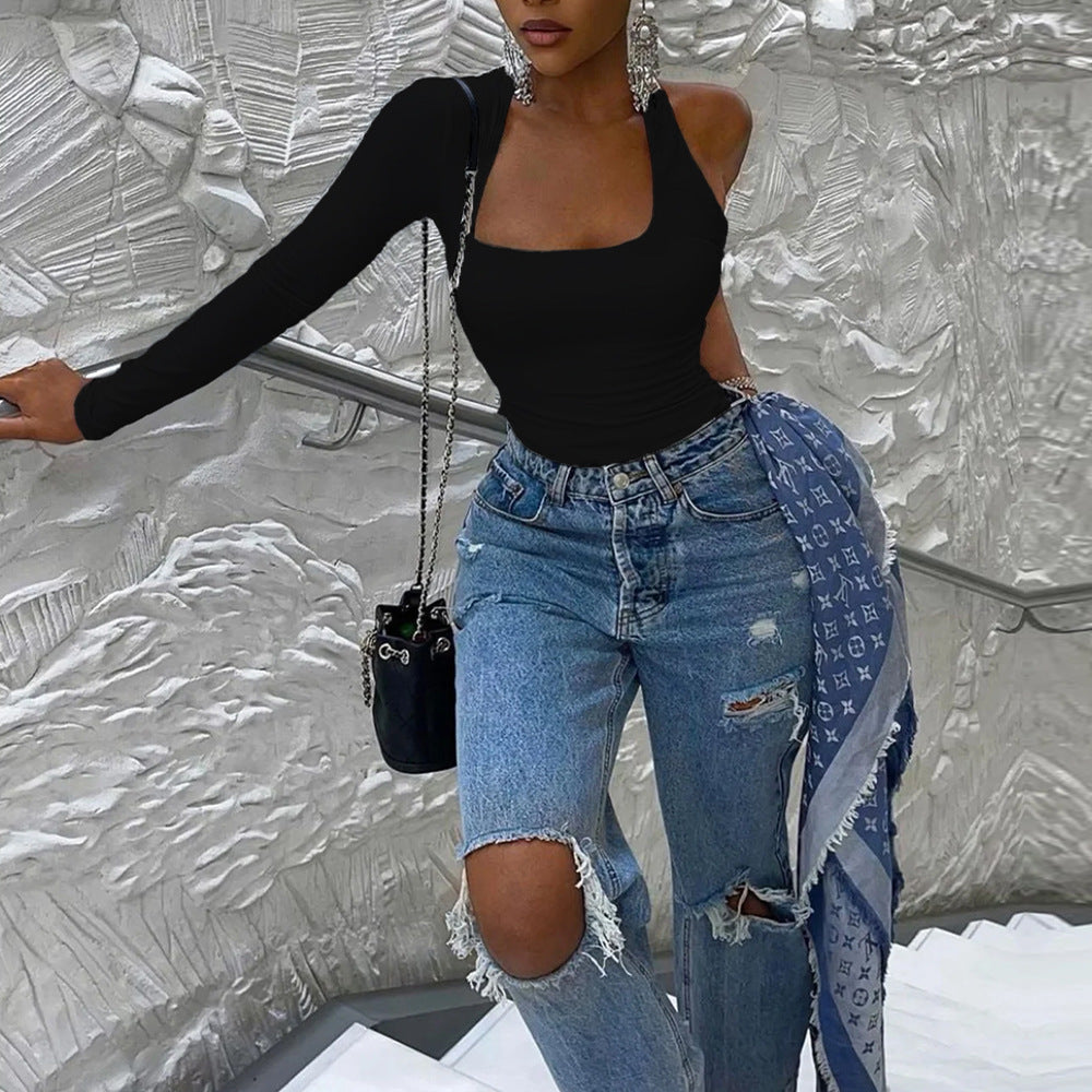 Dam Jumpsuit Asymmetrisk Design Hög Midja Capri Elastiskt Tyg-5