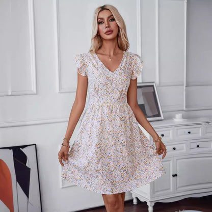 Damklänning A-linjeformad V-ringning Blommönster Polyester Midi-längd-3