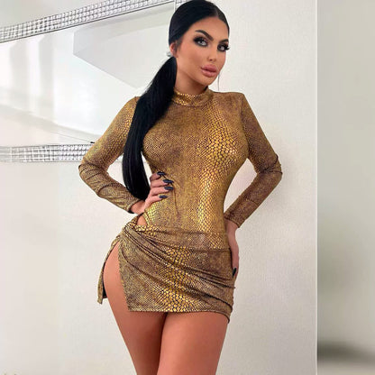 Kvinnors Miniklänning Hög Hals Lång Ärmar Ormläderutseende Elastiskt Tyg-4