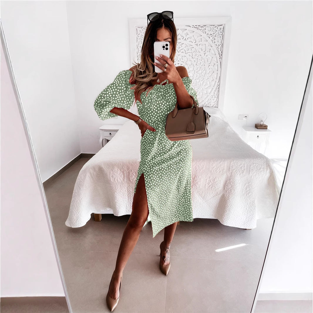 Kvinnors Midi Klänning Off-Shoulder Tryckt Polyester-5