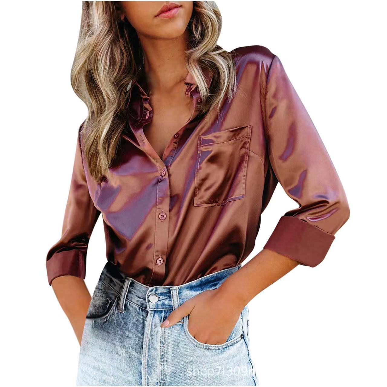 Dam Långärmad Skjorta Satin Avslappnad Passform-3