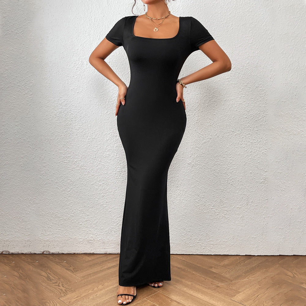 Maxiklänning für Damen mit Fyrkantig Halsringning und Korten Ärmar – Elastiskt Tyg für Stil und Komfort 4