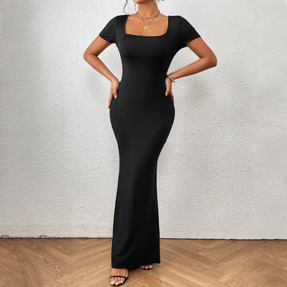 Maxiklänning für Damen mit Fyrkantig Halsringning und Korten Ärmar – Elastiskt Tyg für Stil und Komfort 4