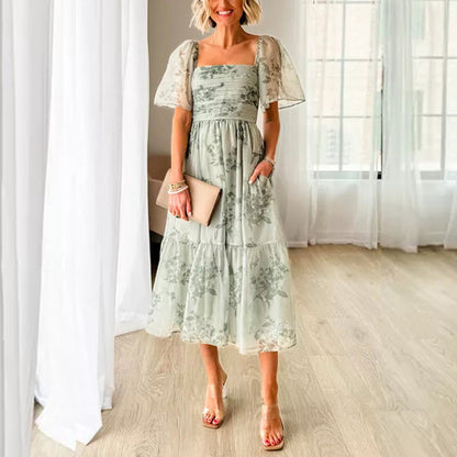 Damklänning Blommig A-Linje U-Cutout Polyester-1