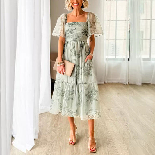 Damklänning Blommig A-Linje U-Cutout Polyester-1