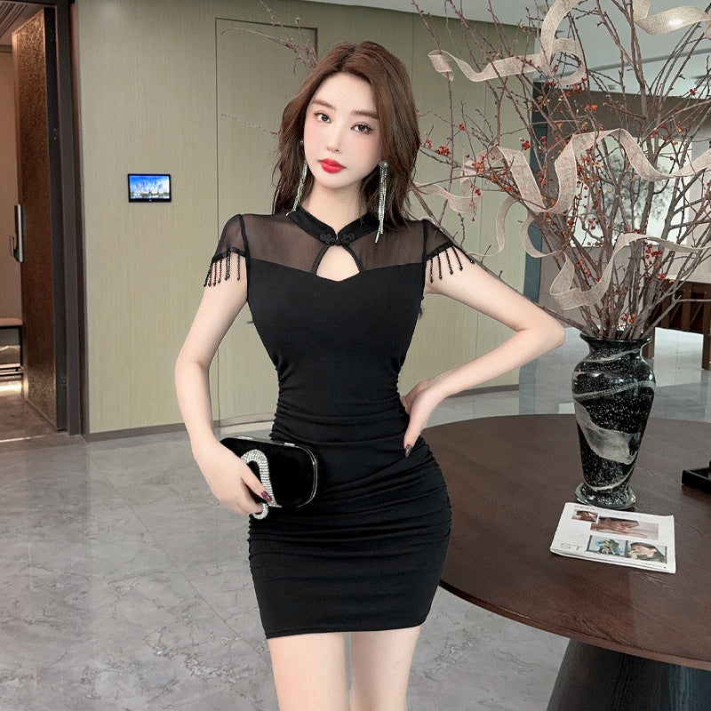 Dam Klänning Cheongsam Kort Ärmar Högkvalitativ Stickad Tyg-2