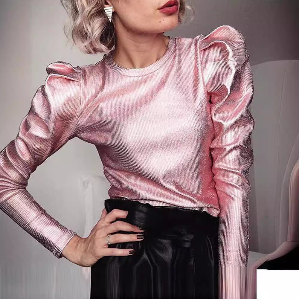 Dam T-shirt Punk Stil Avslappnad 100% Bomull Metallic Guld-1