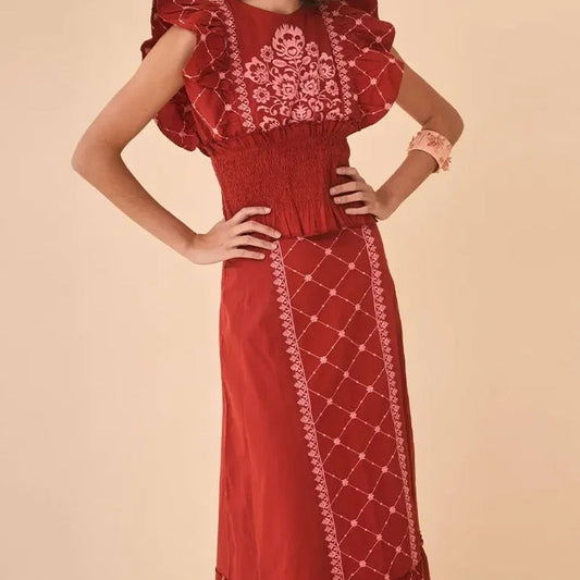 Dam Maxiklänning Med Ruffles Och Blommig Broderi Lätt Tyg 1