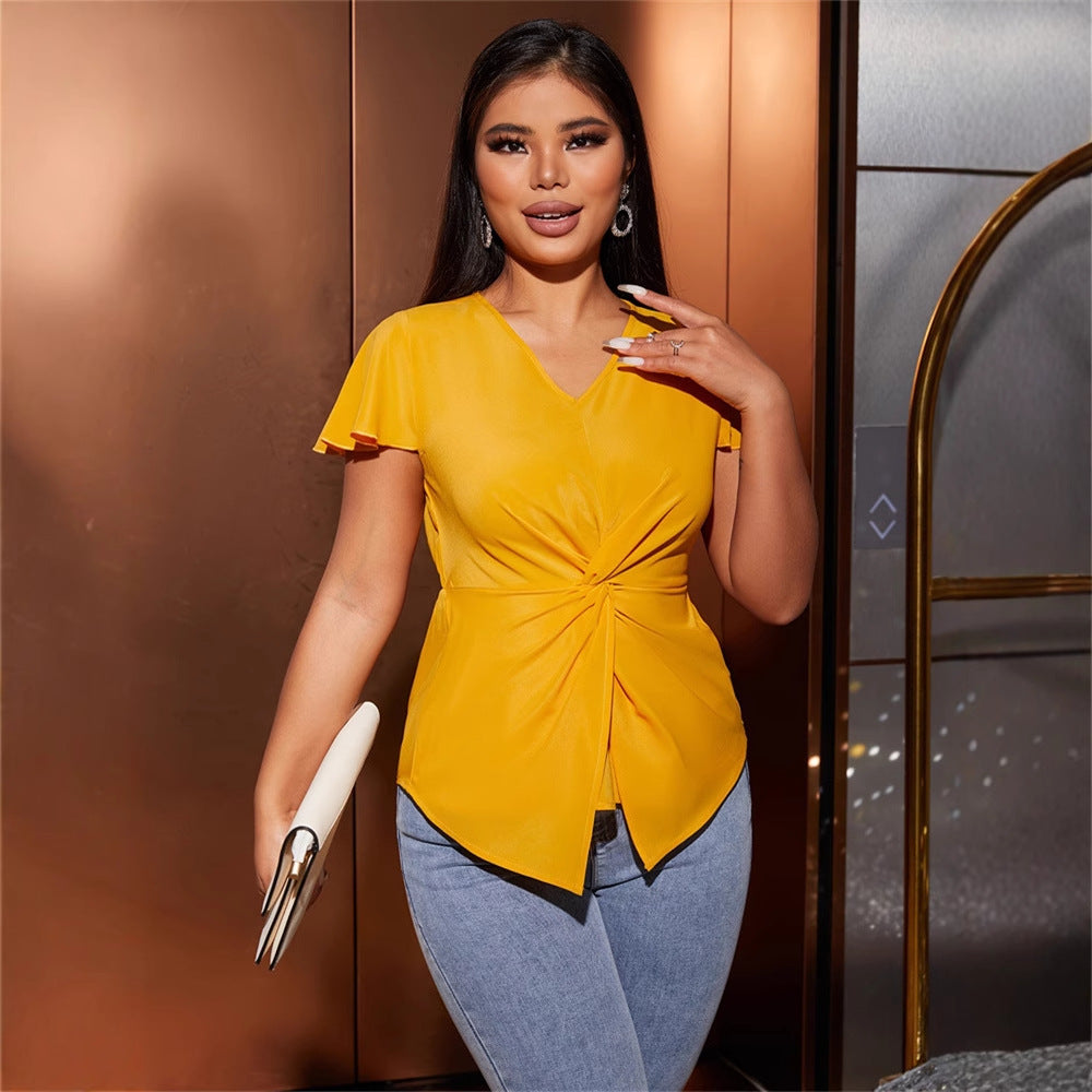 Kvinnor Blus V-ringning Tvinad Lätt Tyg-2