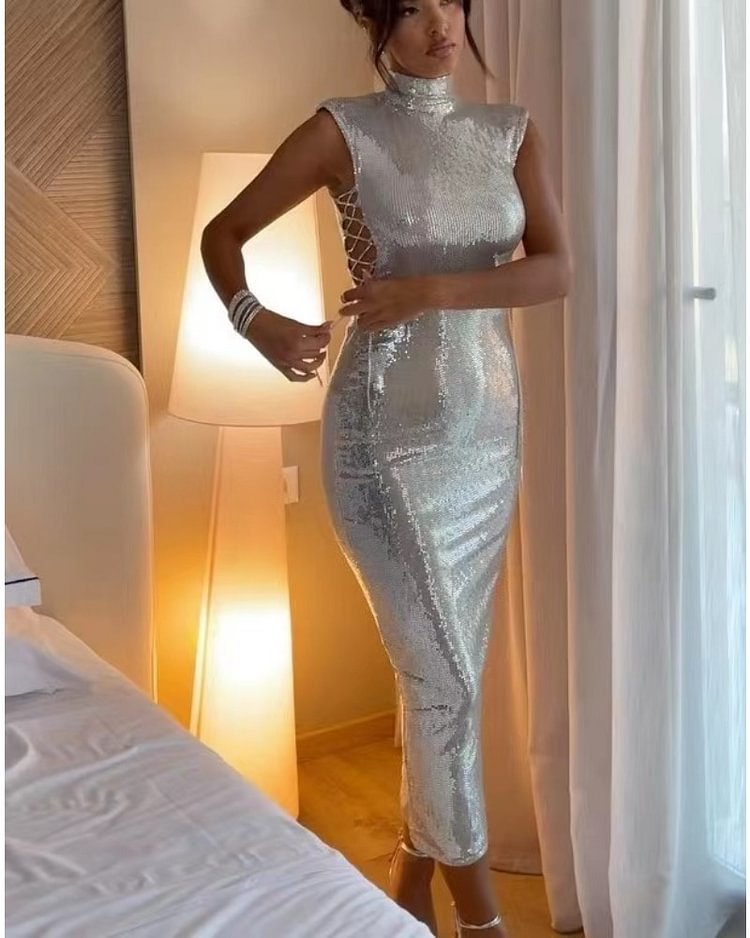 Damklänning A-Linje Slim-Fit Polyester med Glittrande Detaljer-1