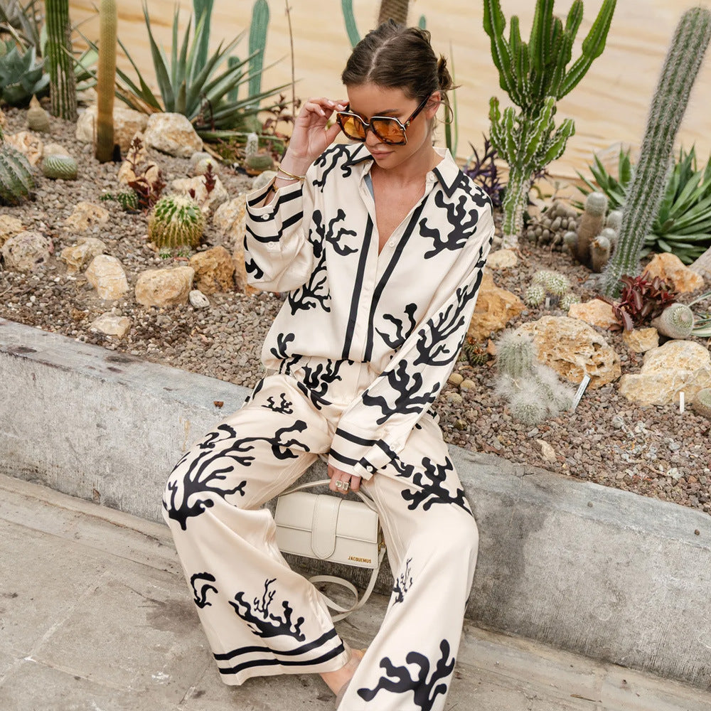 Dam Blommönstrad Långärmad Skjorta och Byxor i Mjuk Tyg för Sommar-3