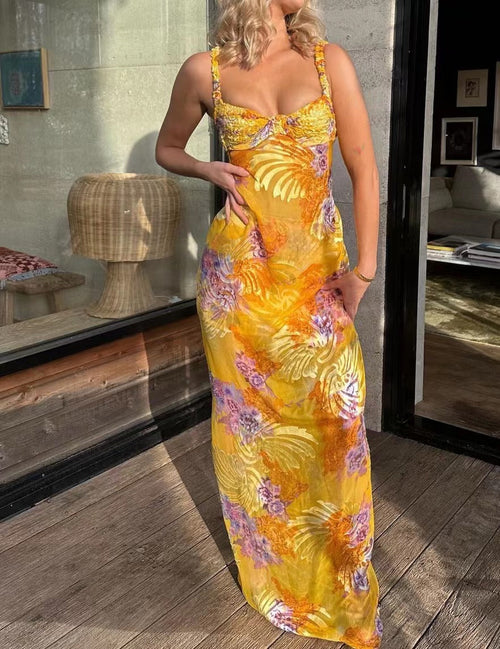 Lång Halterneck Klänning för Kvinna i Tryckt Polyester – Ärmlös V-Hals Klänning för Sommarfester och Bröllop 1