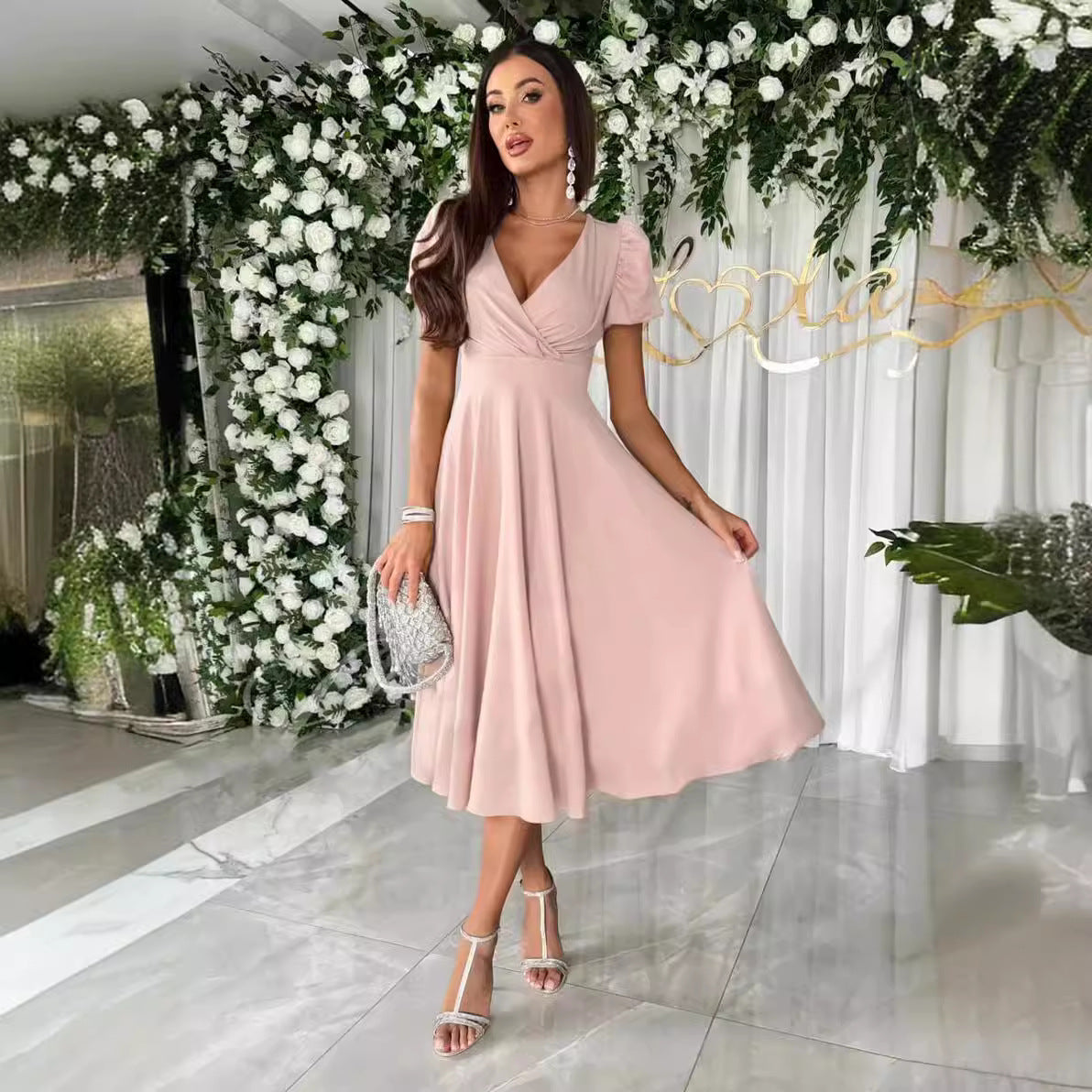 Damklänning A-linje Puffärmar Polyester Elegant Festlig Klänning-6