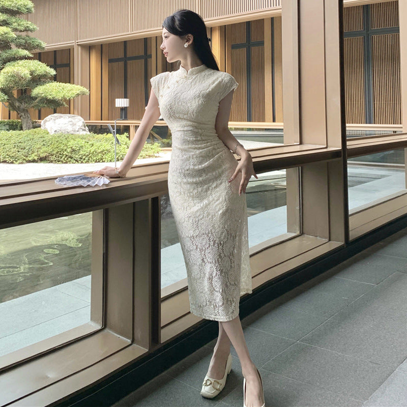 Dam Qipao Klänning Midi Längd Högkvalitativt Tyg för Bröllop och Formella Evenemang-3