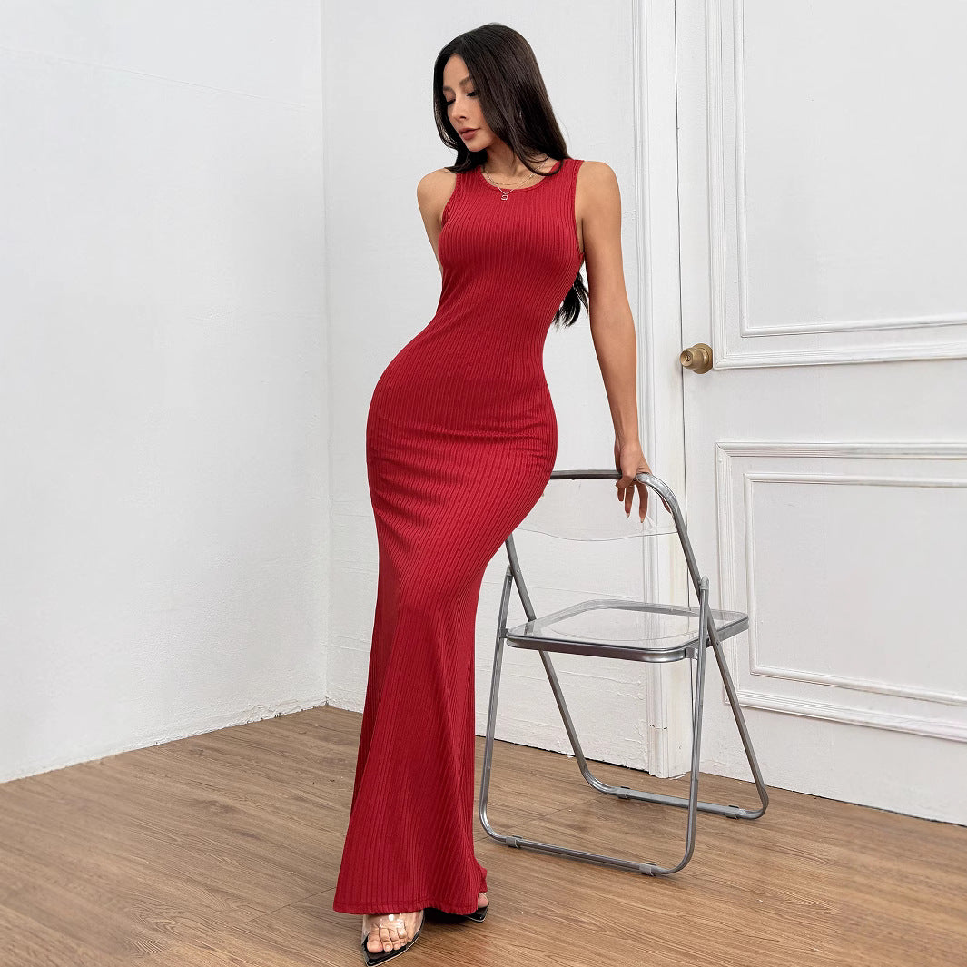 Dam Aftonklänning Lång Bakre Halsringsdesign Monokrom Högkvalitativt Tyg-3