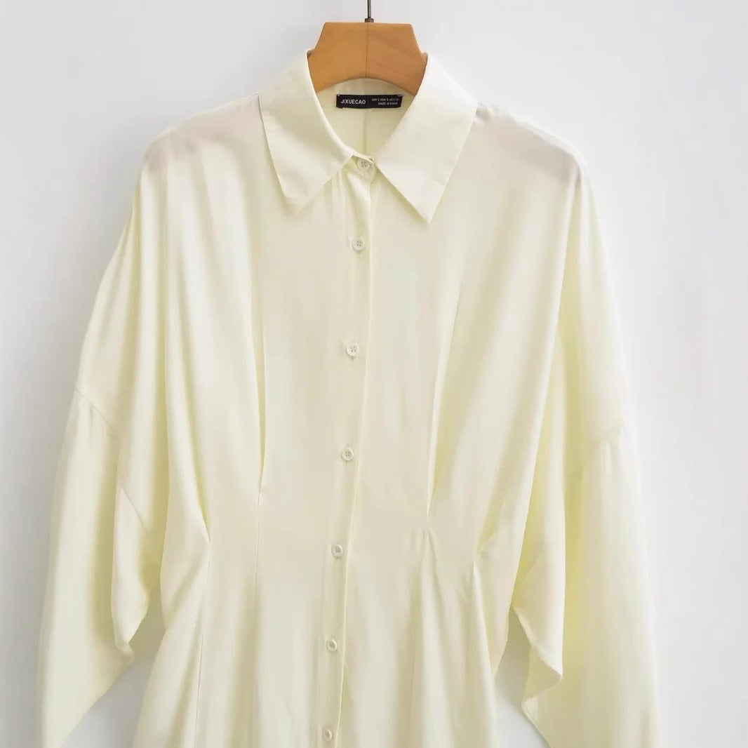 Dam Skjortablusklänning med Puffärmar och Svängande Kjol i Lätt Material-3